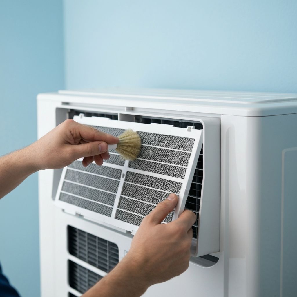 Technician cleaning AC filter during service visit